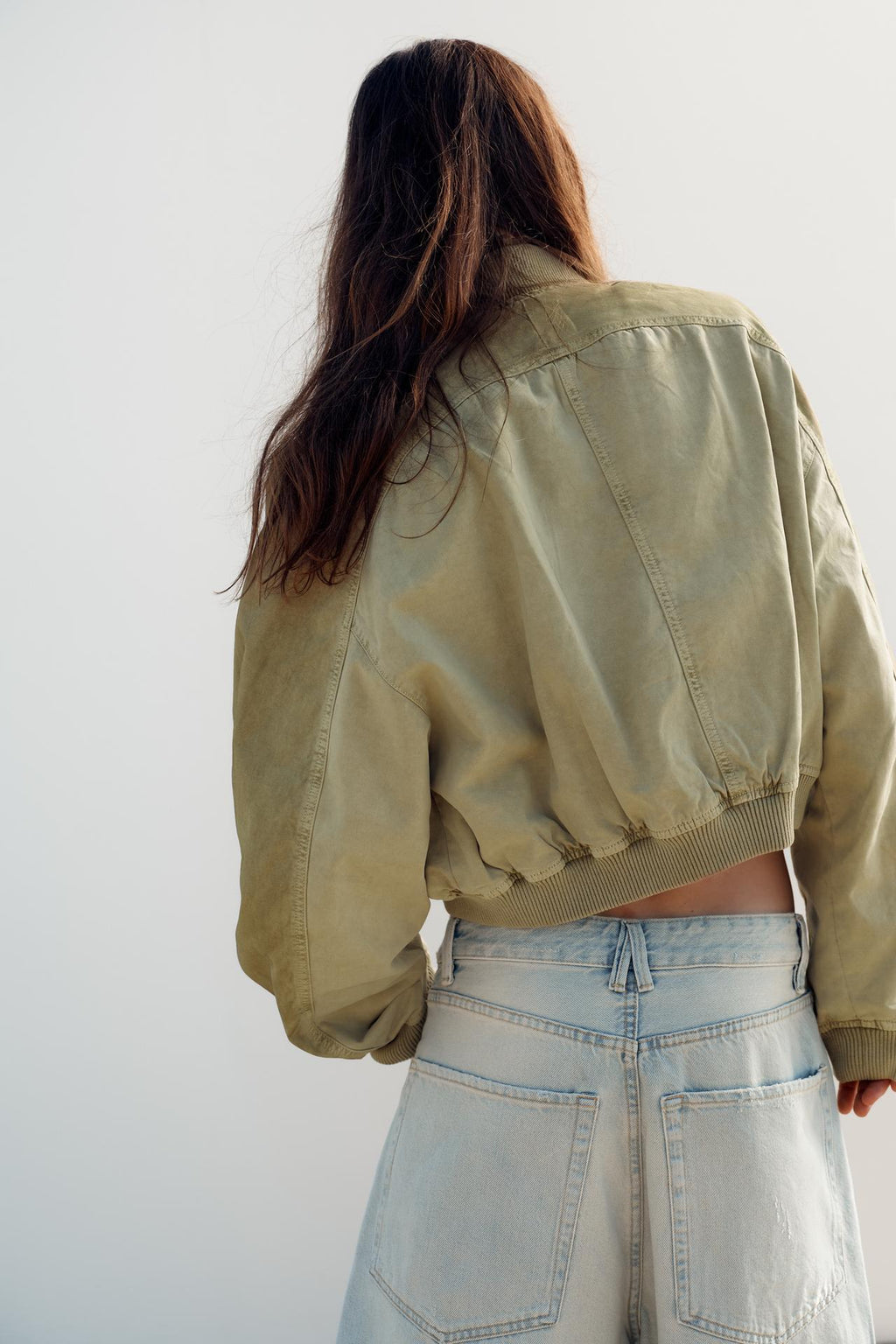 Émilie François | Women's Cropped Bomber Jacket – Sage Green Washed Cotton Bomber Jacket