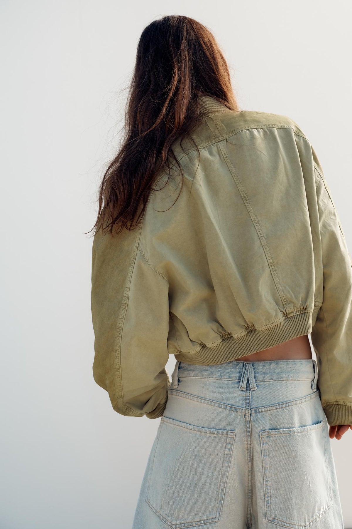 Émilie François | Women's Cropped Bomber Jacket – Sage Green Washed Cotton Bomber Jacket