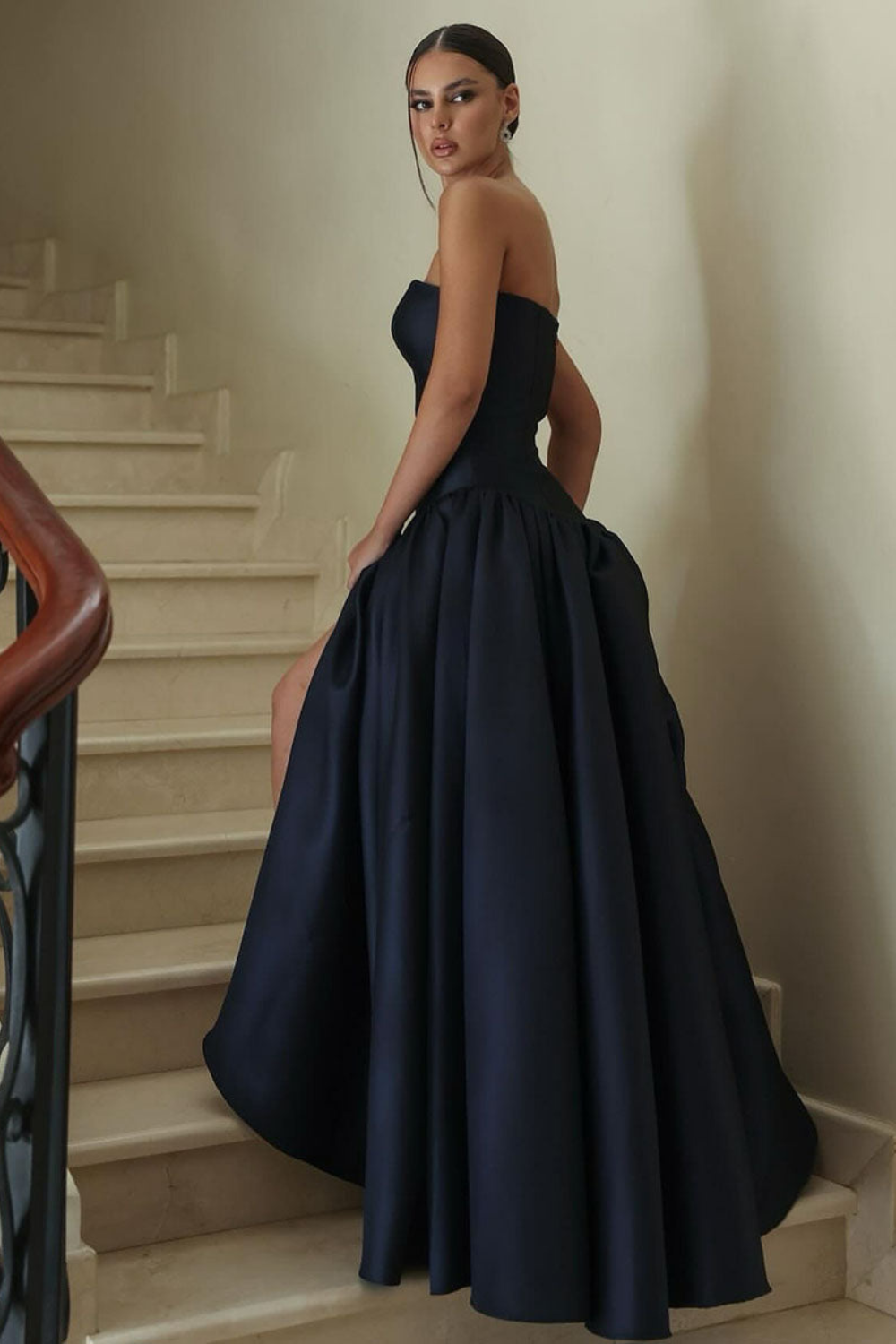 Juliette Moreau | Navy Satin Corset Ball Gown – Strapless Voluminous Maxi Formal Dress