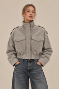 Lila Noël | Women's Cropped Utility Jacket – Grey Funnel Neck Cargo Jacket