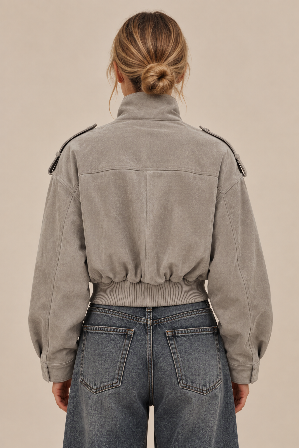 Lila Noël | Women's Cropped Utility Jacket – Grey Funnel Neck Cargo Jacket