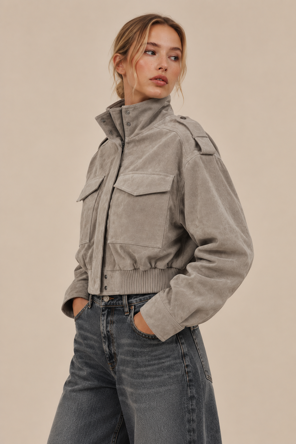 Lila Noël | Women's Cropped Utility Jacket – Grey Funnel Neck Cargo Jacket