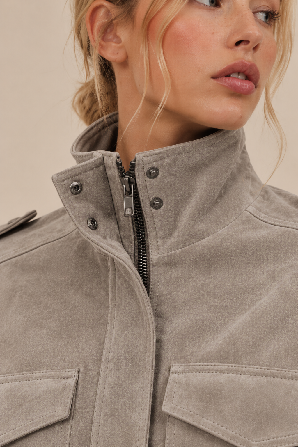 Lila Noël | Women's Cropped Utility Jacket – Grey Funnel Neck Cargo Jacket
