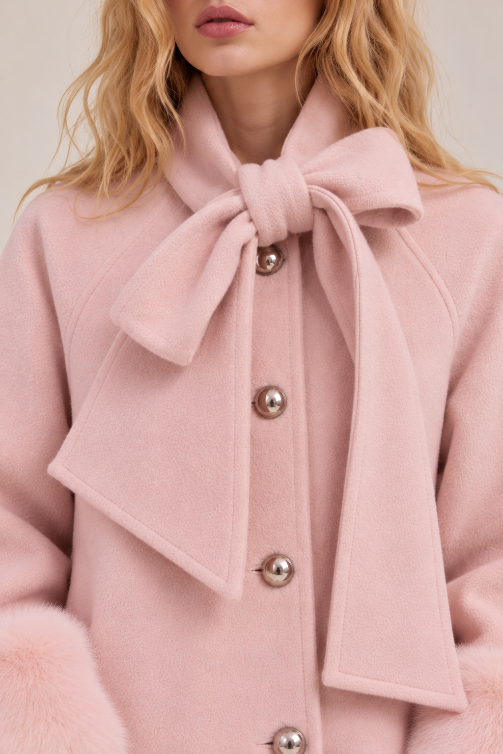 Nora Lemaire | Women's Pink Long Coat with Faux Fur Cuffs Midi Coat