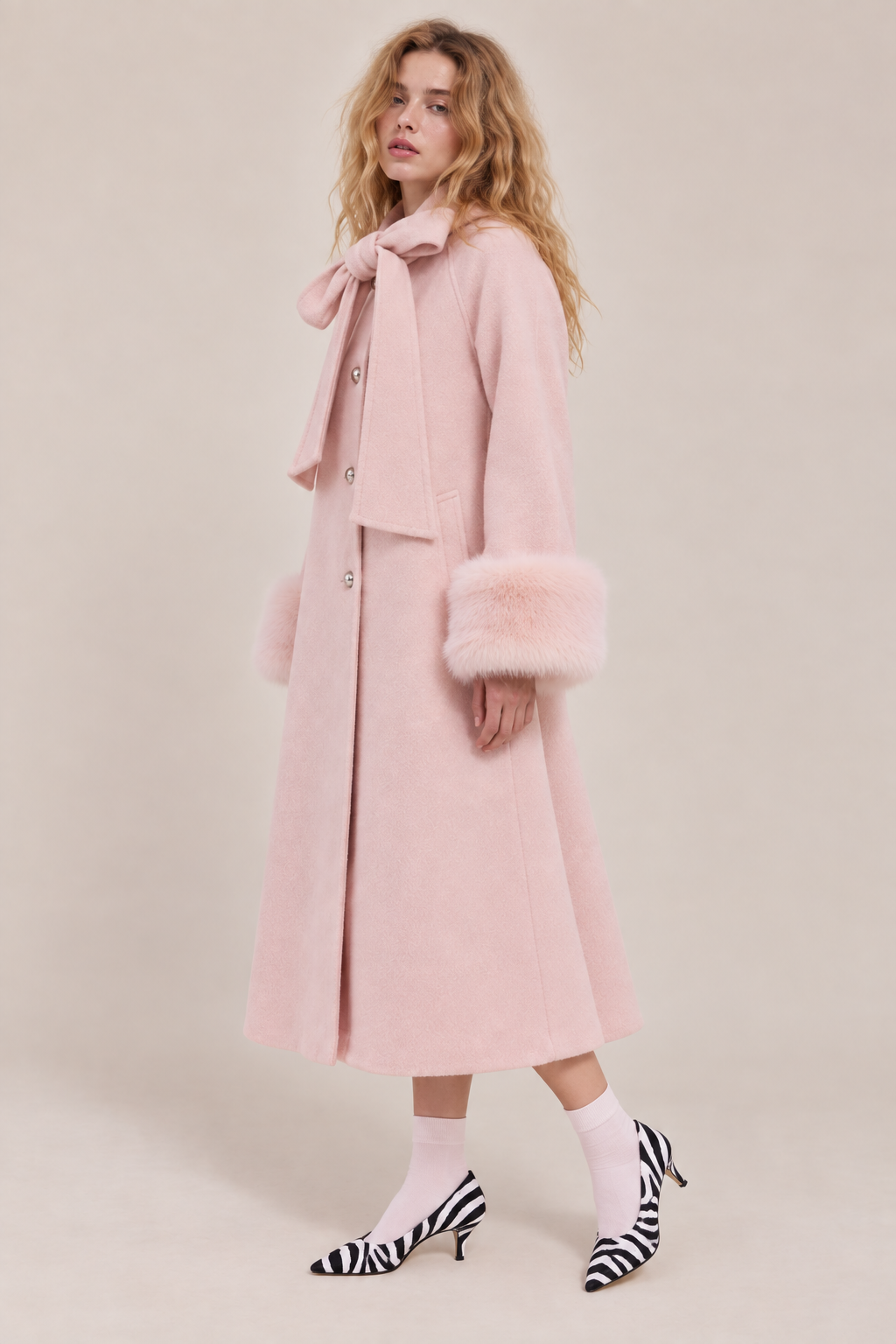 Nora Lemaire | Women's Pink Long Coat with Faux Fur Cuffs Midi Coat