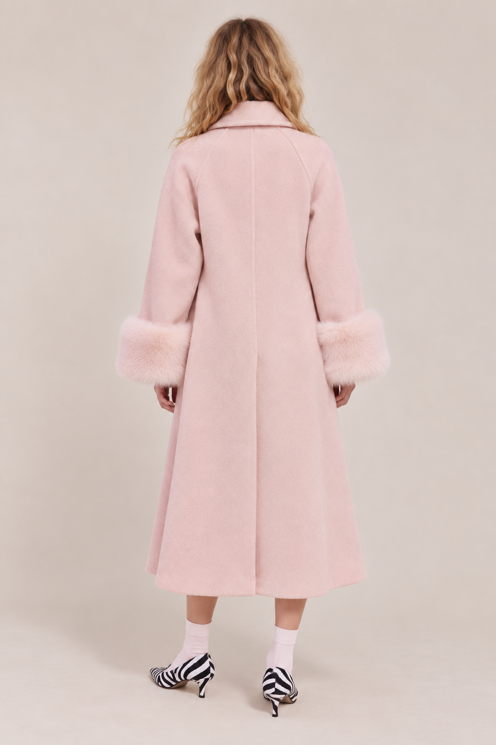 Nora Lemaire | Women's Pink Long Coat with Faux Fur Cuffs Midi Coat