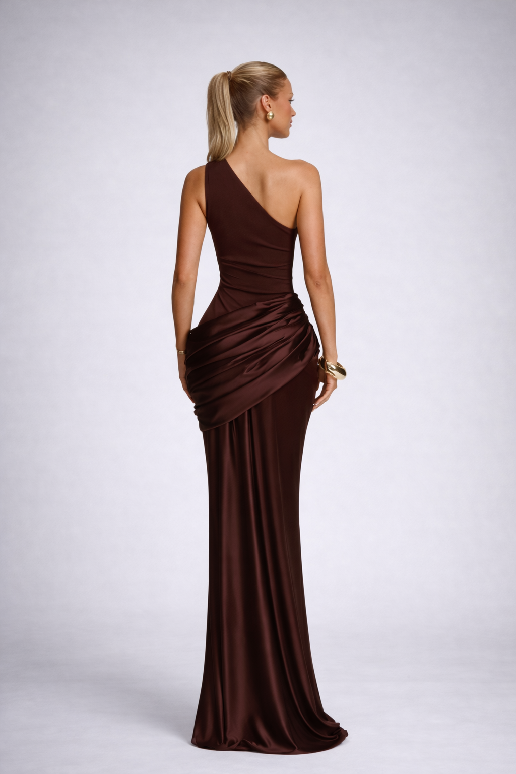 Manon Petit | One Shoulder Satin Maxi Dress – Draped Ruched Mermaid Formal Evening Gown