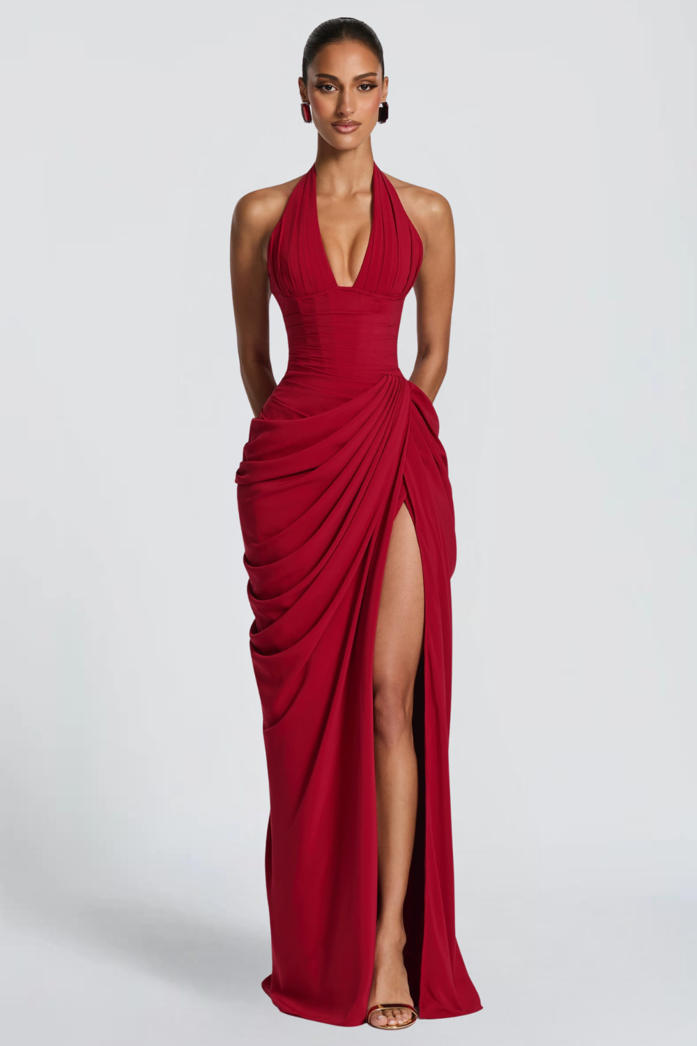 Emma Simon | Plunge Halter Maxi Dress – Asymmetric Draped Corset Thigh Slit Evening Gown