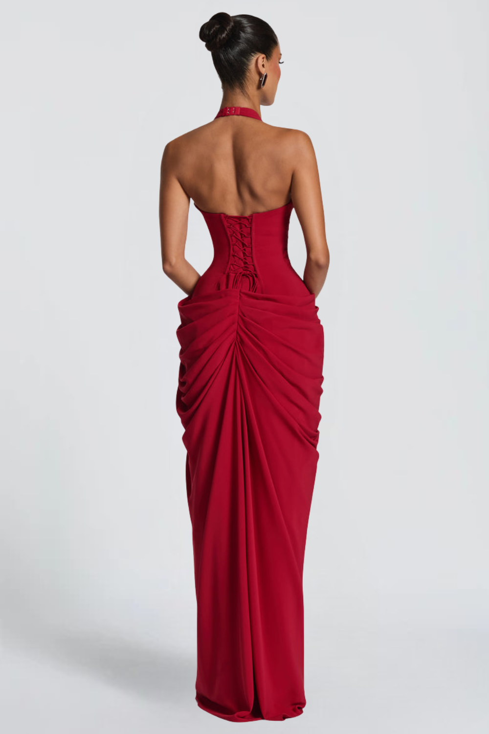 Emma Simon | Plunge Halter Maxi Dress – Asymmetric Draped Corset Thigh Slit Evening Gown