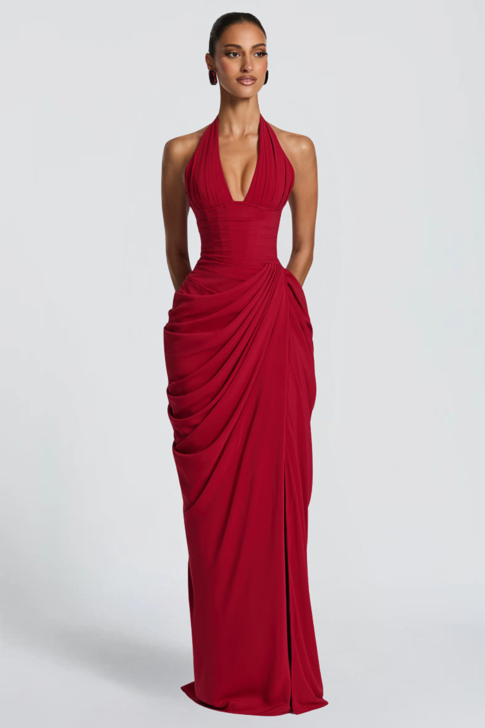 Emma Simon | Plunge Halter Maxi Dress – Asymmetric Draped Corset Thigh Slit Evening Gown