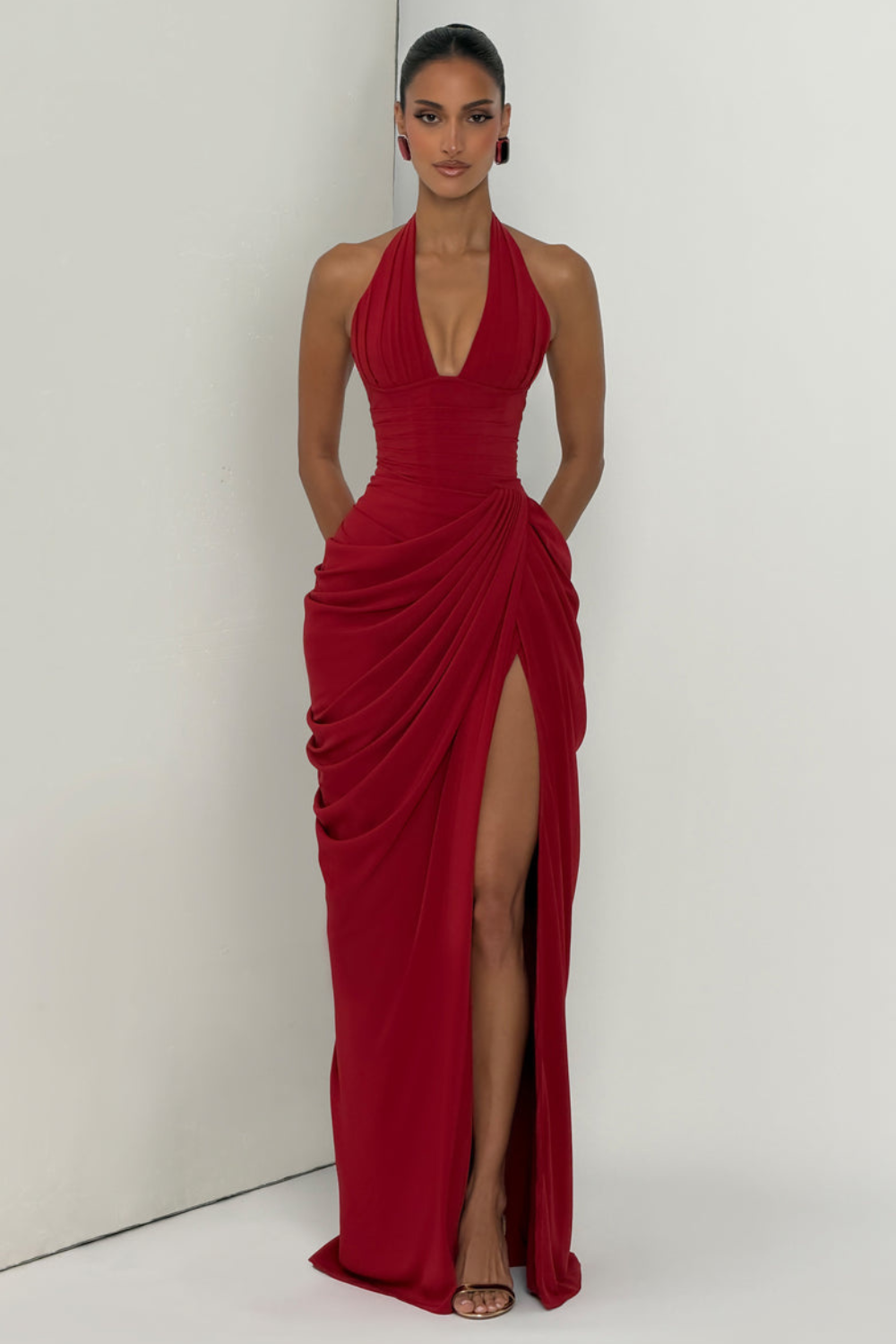 Emma Simon | Plunge Halter Maxi Dress – Asymmetric Draped Corset Thigh Slit Evening Gown