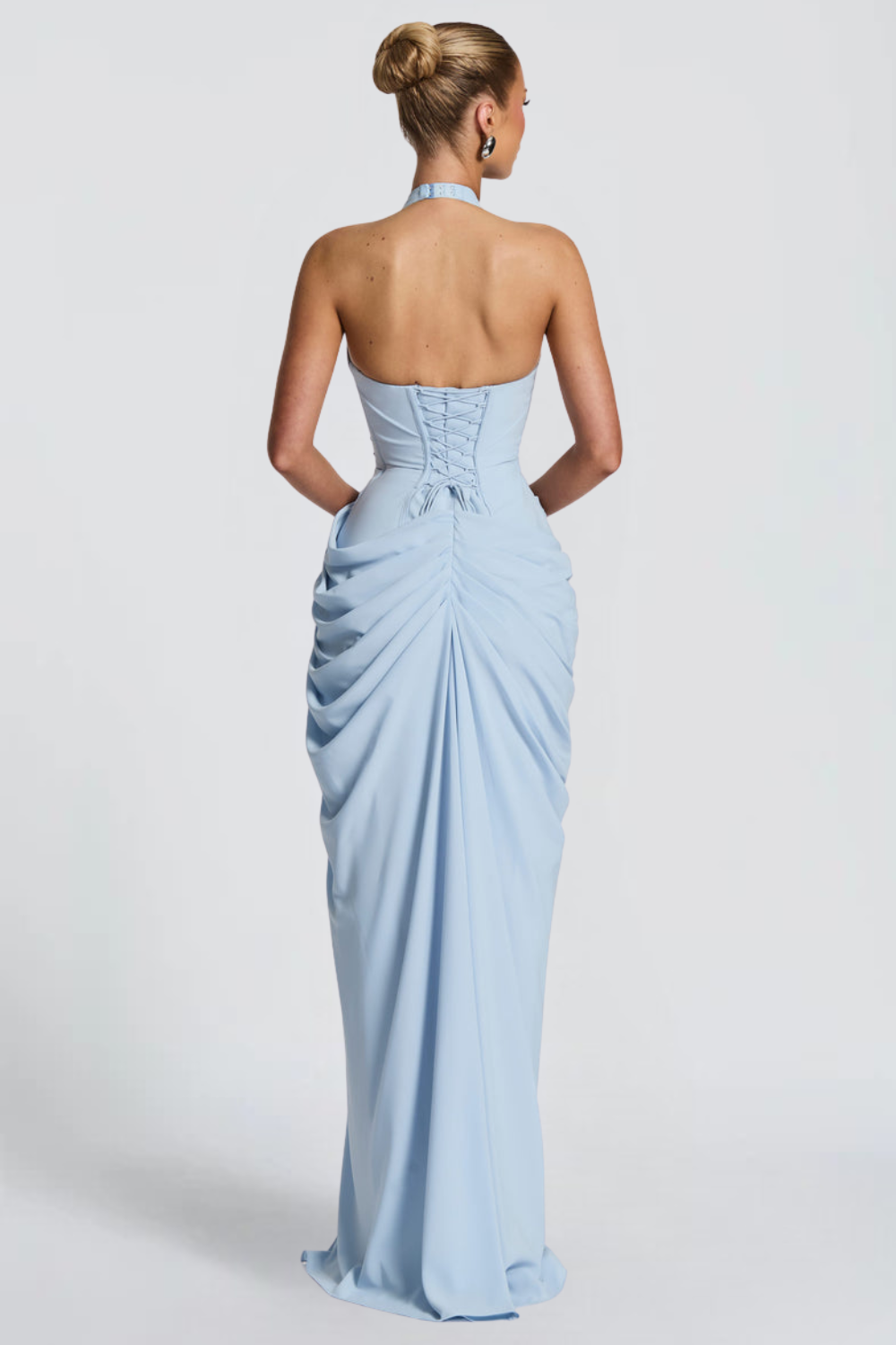 Emma Simon | Plunge Halter Maxi Dress – Asymmetric Draped Corset Thigh Slit Evening Gown