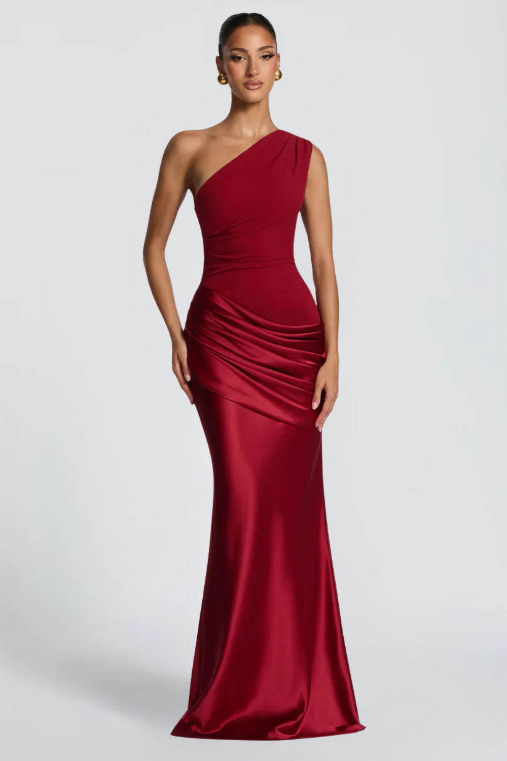 Manon Petit | One Shoulder Satin Maxi Dress – Draped Ruched Mermaid Formal Evening Gown