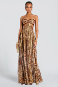 Inès Richard | Metallic Paisley Pleated Maxi Dress – Halter Cut Out Bodice Evening Gown