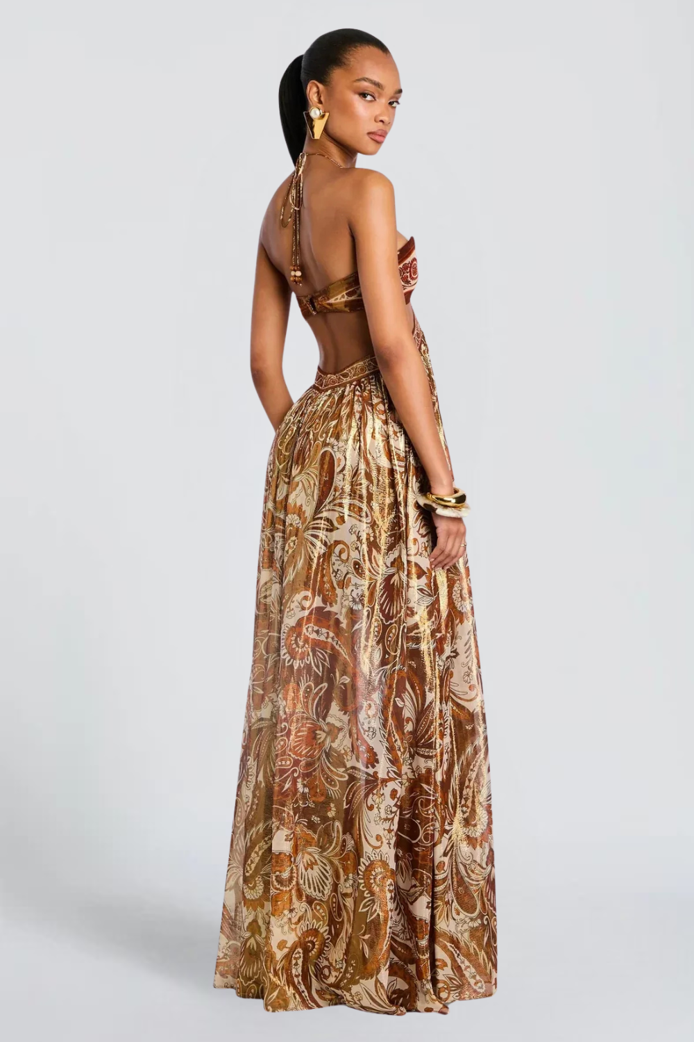 Inès Richard | Metallic Paisley Pleated Maxi Dress – Halter Cut Out Bodice Evening Gown