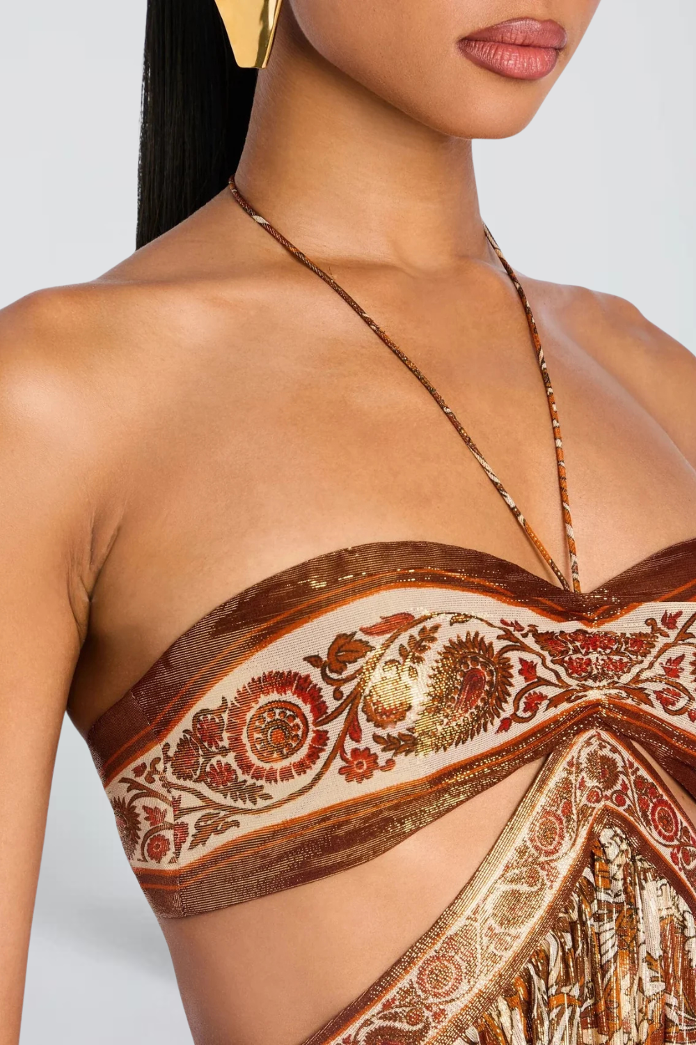 Inès Richard | Metallic Paisley Pleated Maxi Dress – Halter Cut Out Bodice Evening Gown