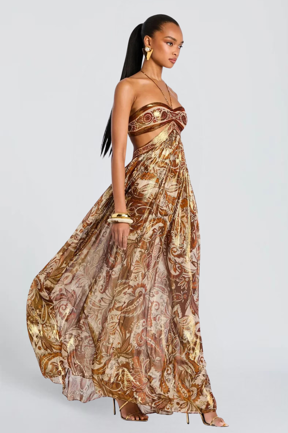 Inès Richard | Metallic Paisley Pleated Maxi Dress – Halter Cut Out Bodice Evening Gown