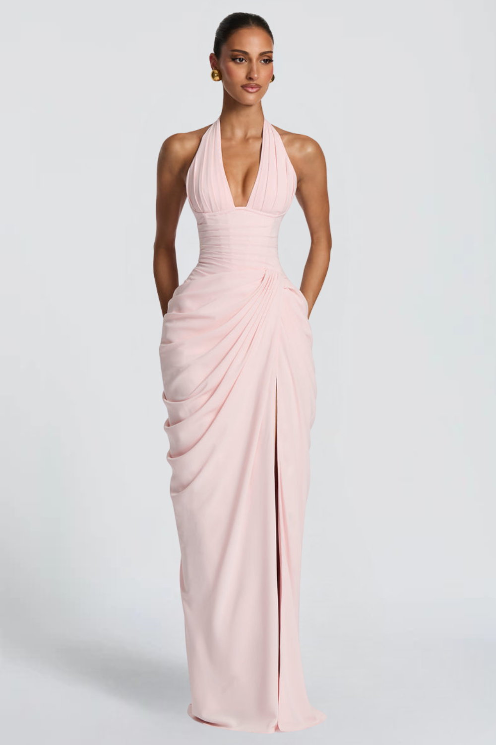 Emma Simon | Plunge Halter Maxi Dress – Asymmetric Draped Corset Thigh Slit Evening Gown
