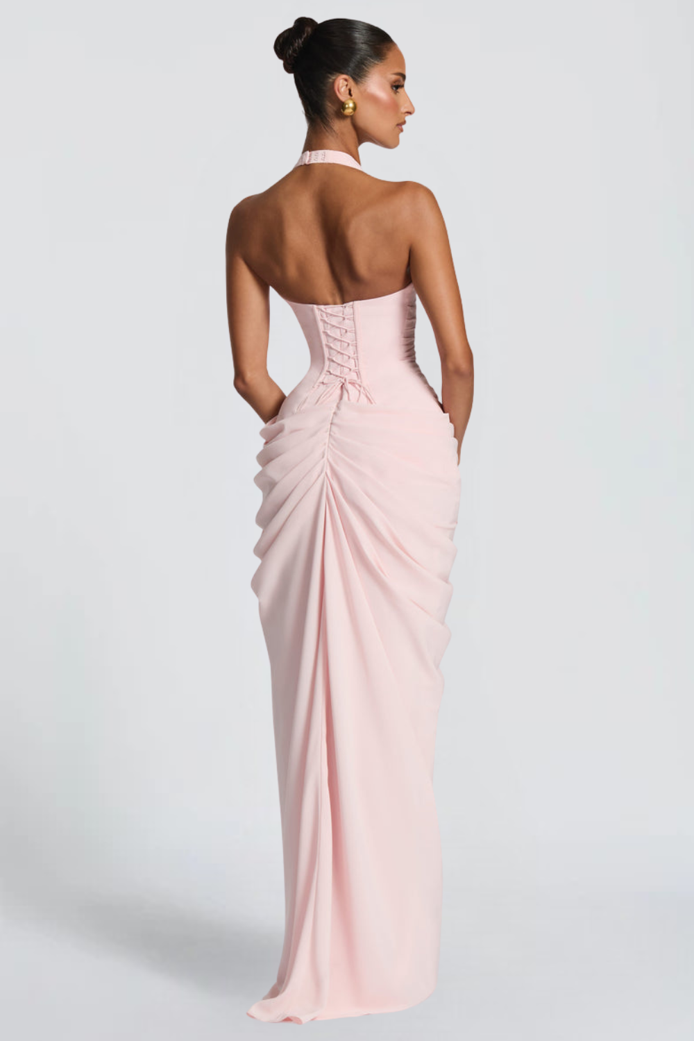 Emma Simon | Plunge Halter Maxi Dress – Asymmetric Draped Corset Thigh Slit Evening Gown