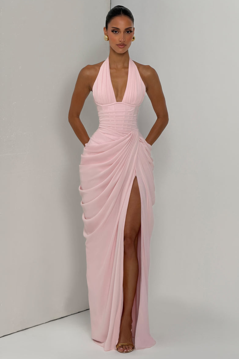 Emma Simon | Plunge Halter Maxi Dress – Asymmetric Draped Corset Thigh Slit Evening Gown
