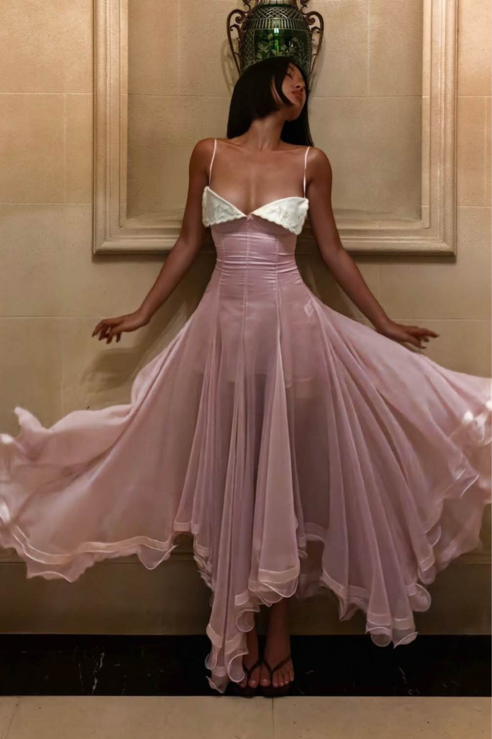 Céline Rousseau | Organza Corset Maxi Dress – Embroidered Spaghetti Strap Handkerchief Hem Princess Gown