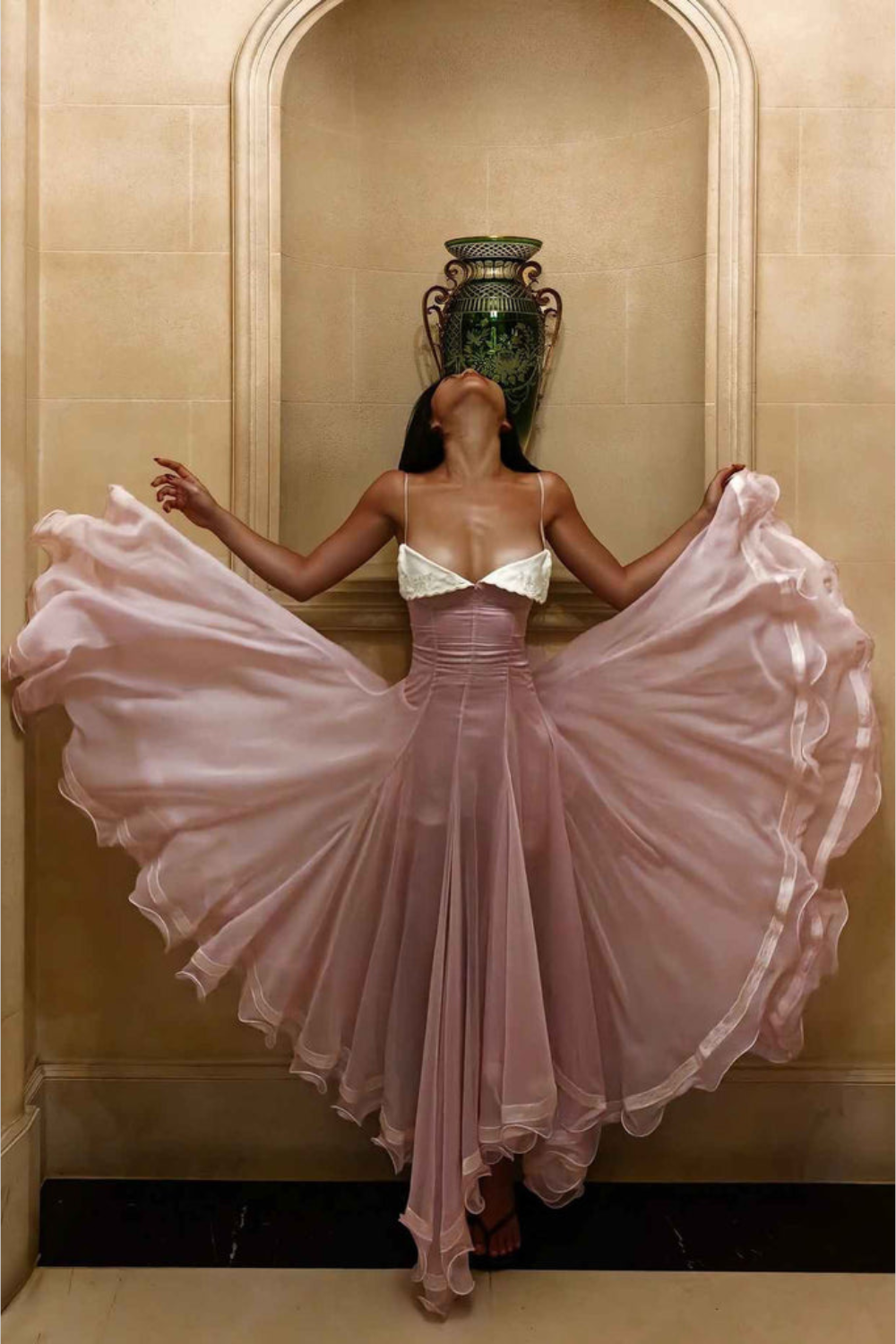Céline Rousseau | Organza Corset Maxi Dress – Embroidered Spaghetti Strap Handkerchief Hem Princess Gown