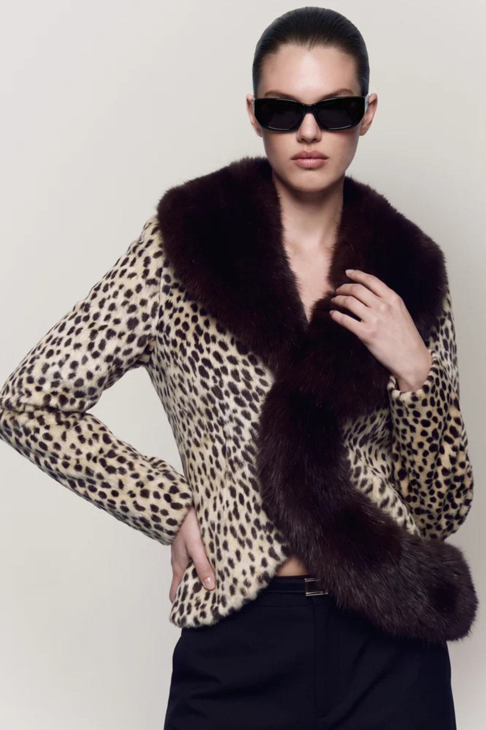 Estelle Denis | Women's Leopard Print Jacket with Faux Fur Collar – Animal Print Coat