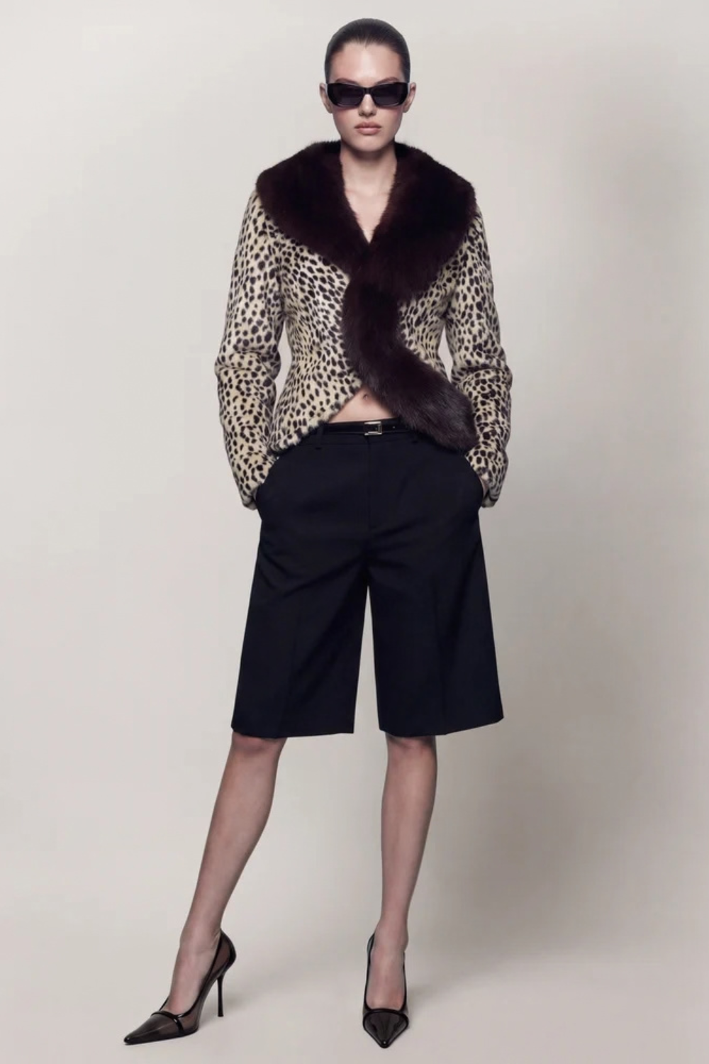 Estelle Denis | Women's Leopard Print Jacket with Faux Fur Collar – Animal Print Coat