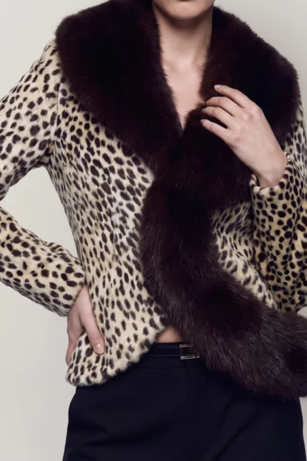 Estelle Denis | Women's Leopard Print Jacket with Faux Fur Collar – Animal Print Coat