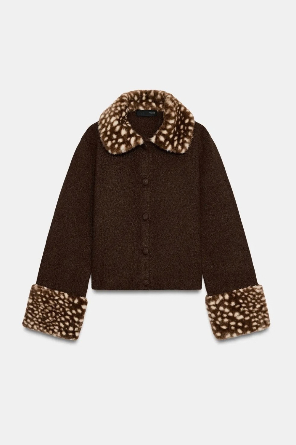 Fatima Marie | Women's Brown Jacket with Leopard Faux Fur Collar & Cuffs – Short Button-Up Coat