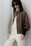 Fanny Perrin | Women's Checked Funnel-Neck Jacket – Brown Cropped Bomber Jacket