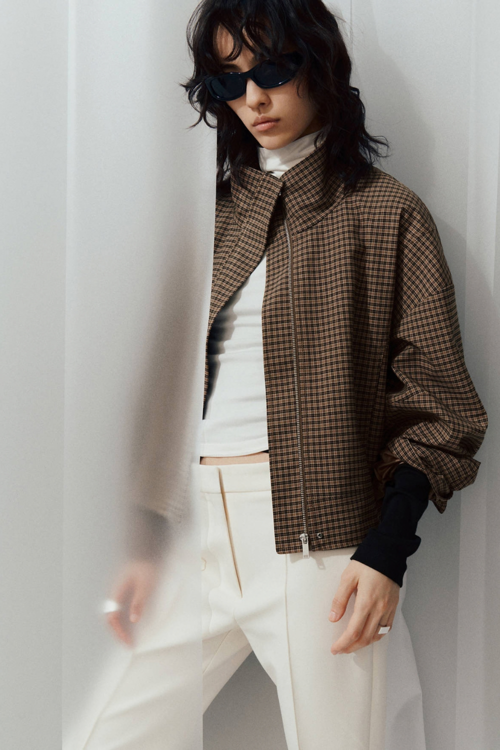 Fanny Perrin | Women's Checked Funnel-Neck Jacket – Brown Cropped Bomber Jacket