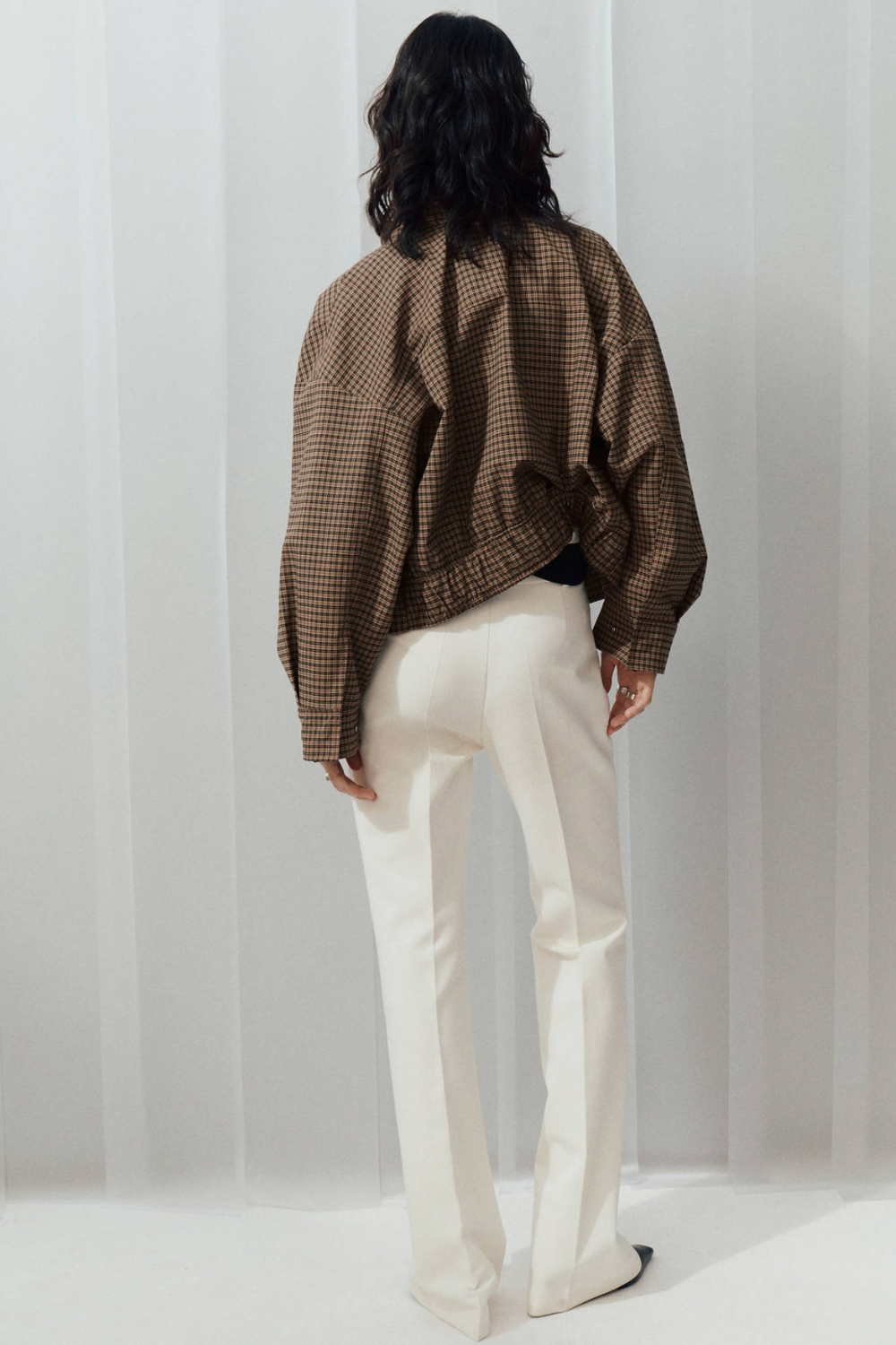 Fanny Perrin | Women's Checked Funnel-Neck Jacket – Brown Cropped Bomber Jacket