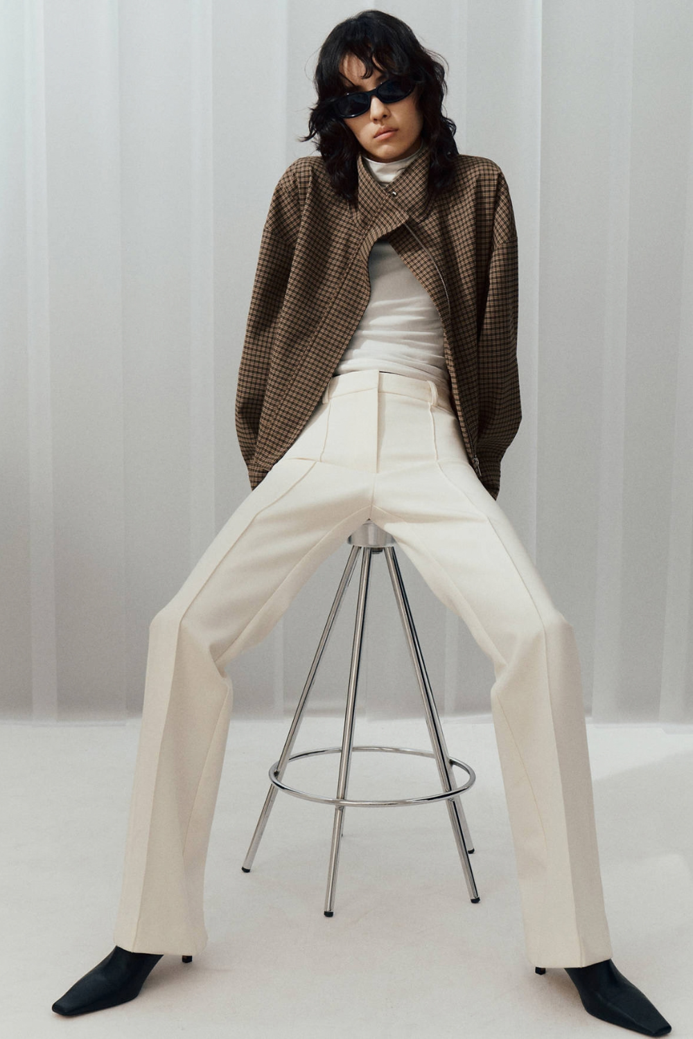 Fanny Perrin | Women's Checked Funnel-Neck Jacket – Brown Cropped Bomber Jacket
