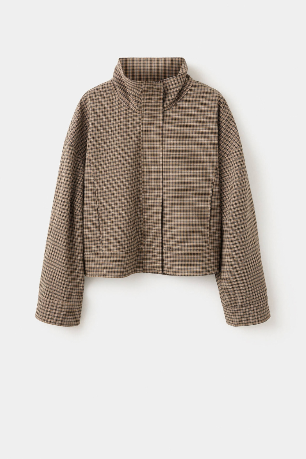 Fanny Perrin | Women's Checked Funnel-Neck Jacket – Brown Cropped Bomber Jacket
