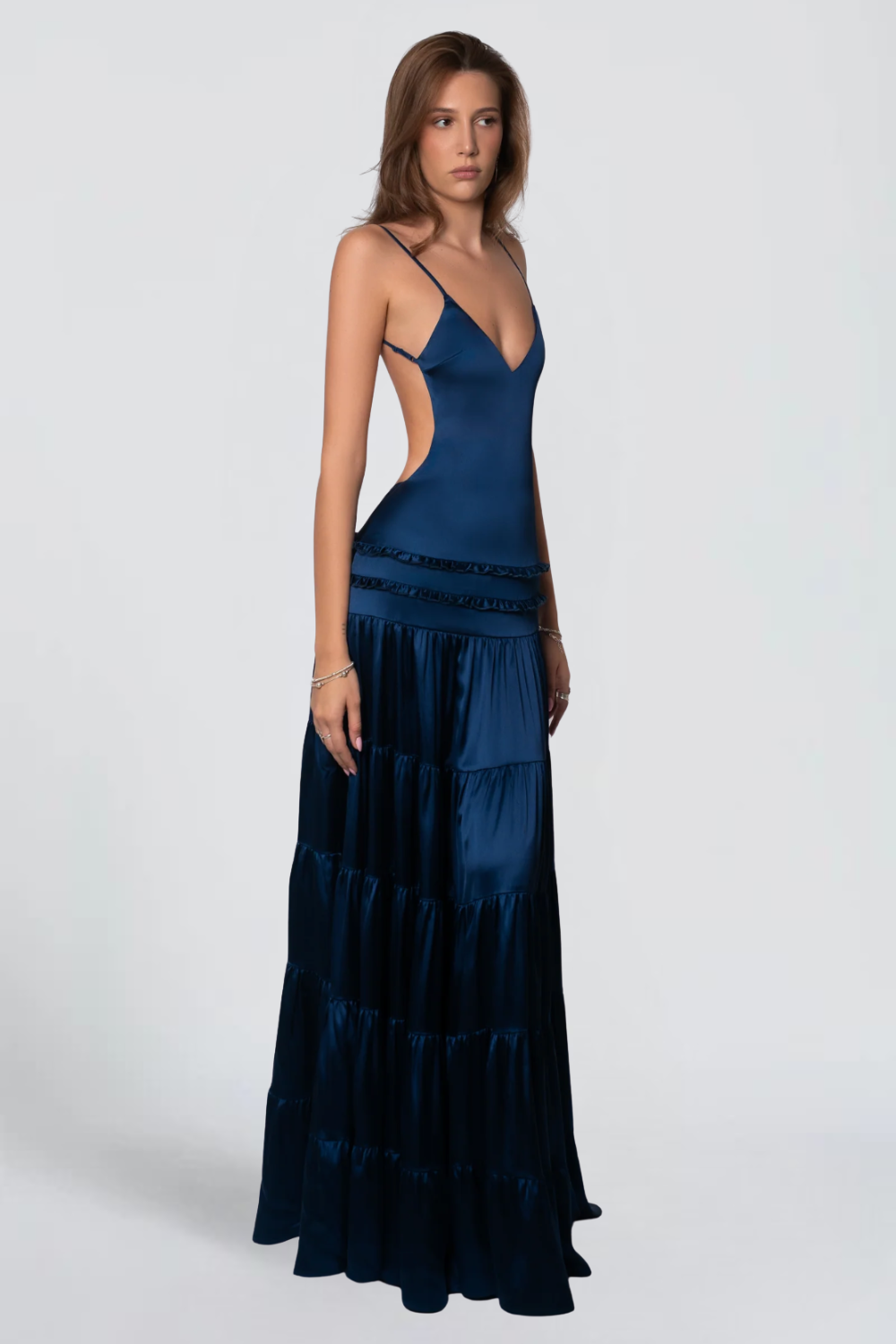 Lucie David | Satin Tiered Maxi Dress – Deep V-Neck Spaghetti Strap Ruffle Evening Gown
