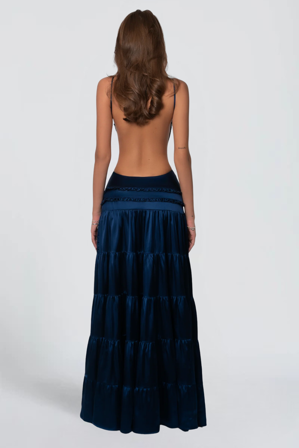Lucie David | Satin Tiered Maxi Dress – Deep V-Neck Spaghetti Strap Ruffle Evening Gown