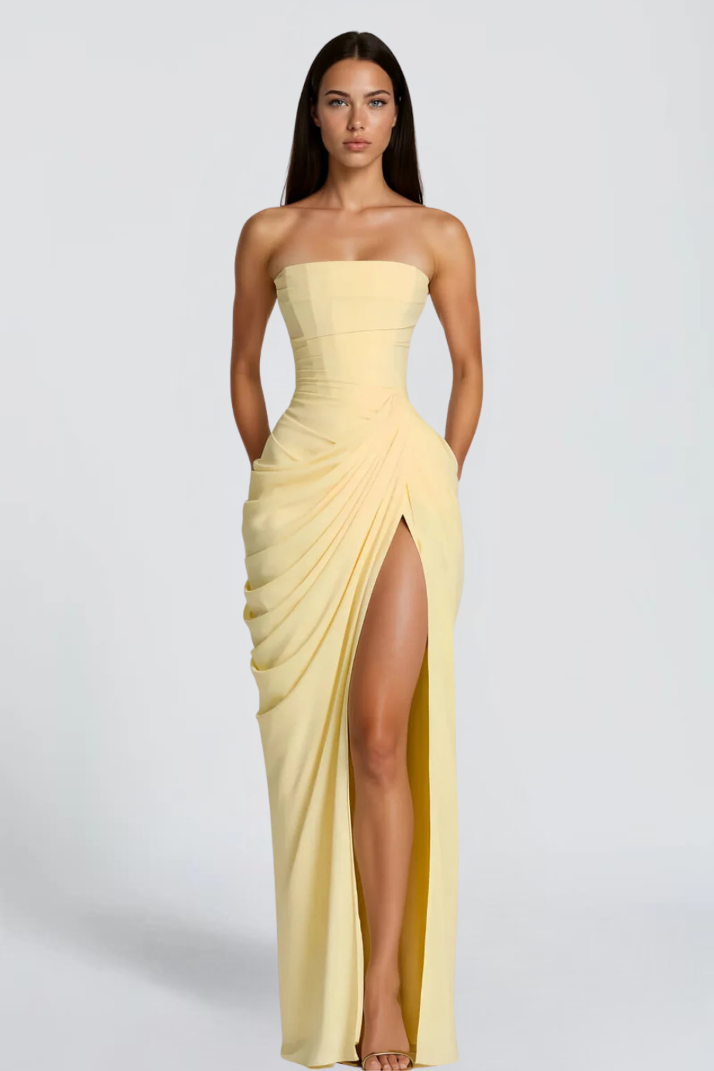 Claire Michel | Strapless Ruched Maxi Dress – High Thigh Slit Draped Bodycon Evening Gown