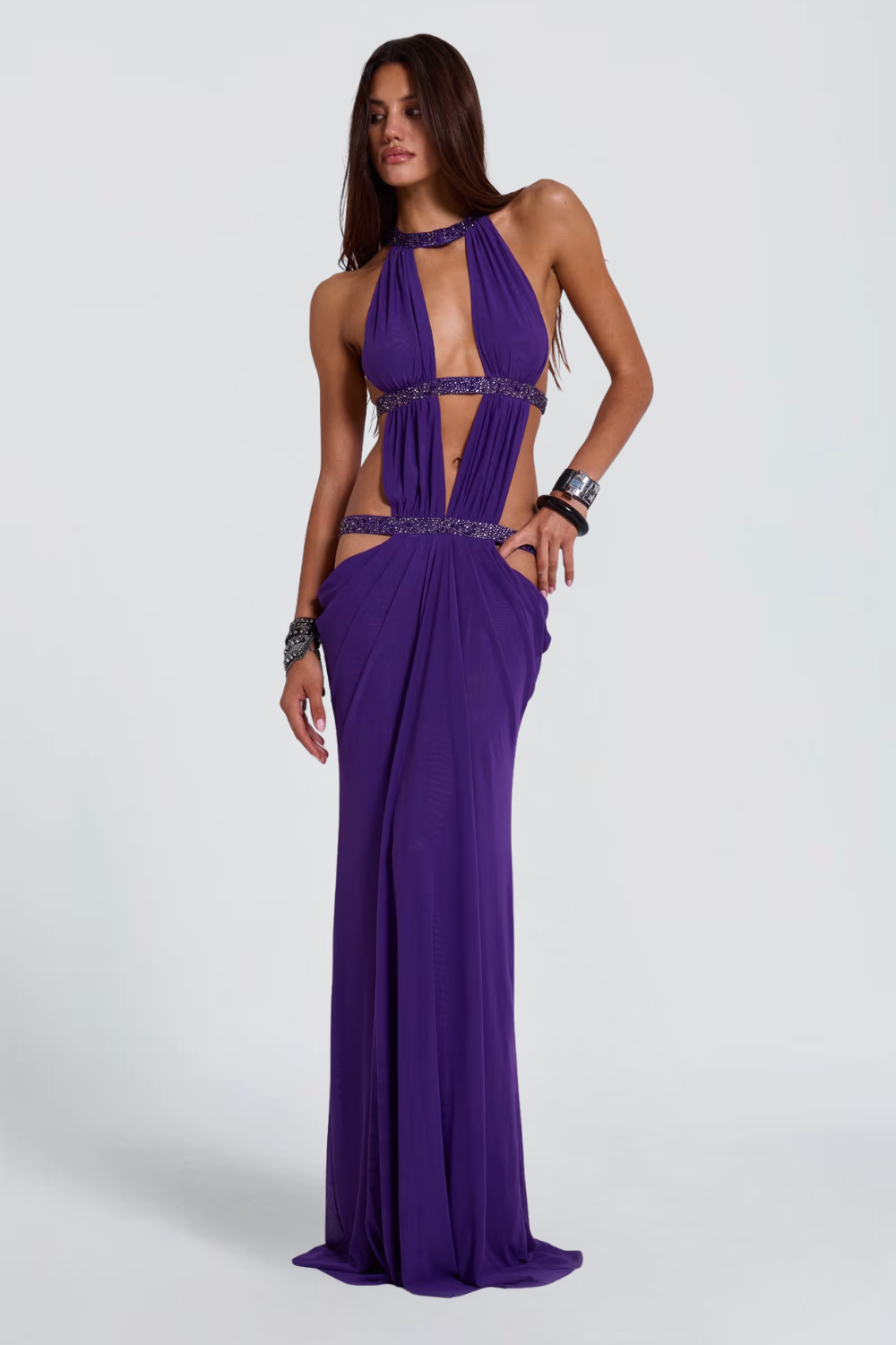 Émeline Vaillant | Halter Neck Cut Out Maxi Dress – Embellished Sparkly Draped Evening Gown