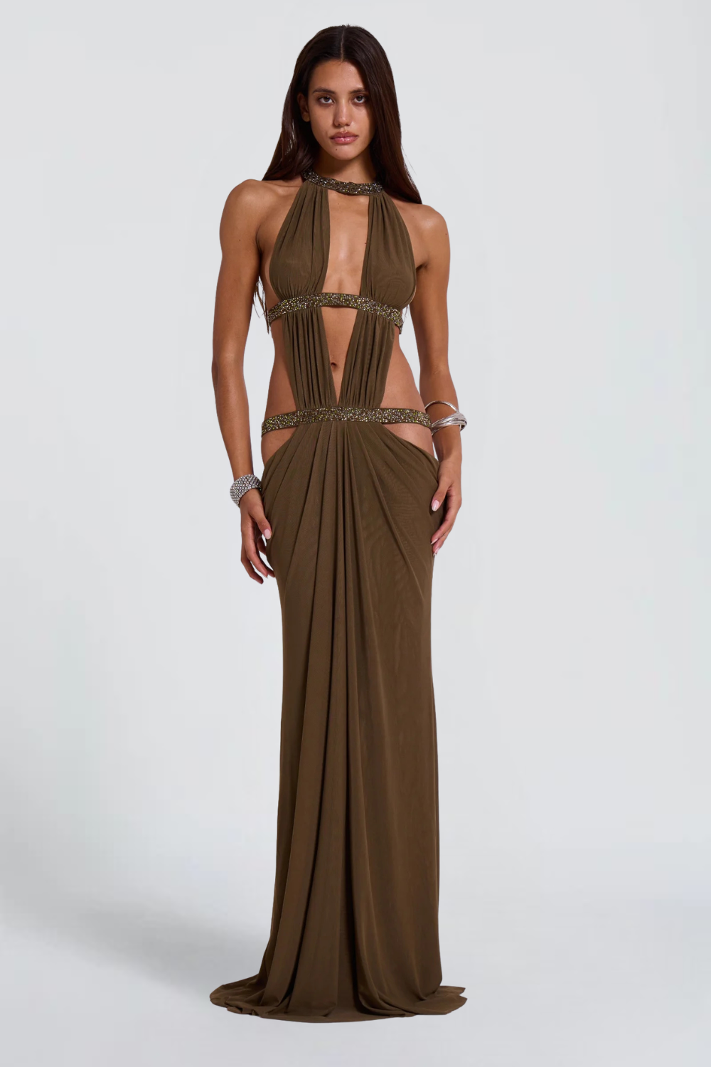 Émeline Vaillant | Halter Neck Cut Out Maxi Dress – Embellished Sparkly Draped Evening Gown