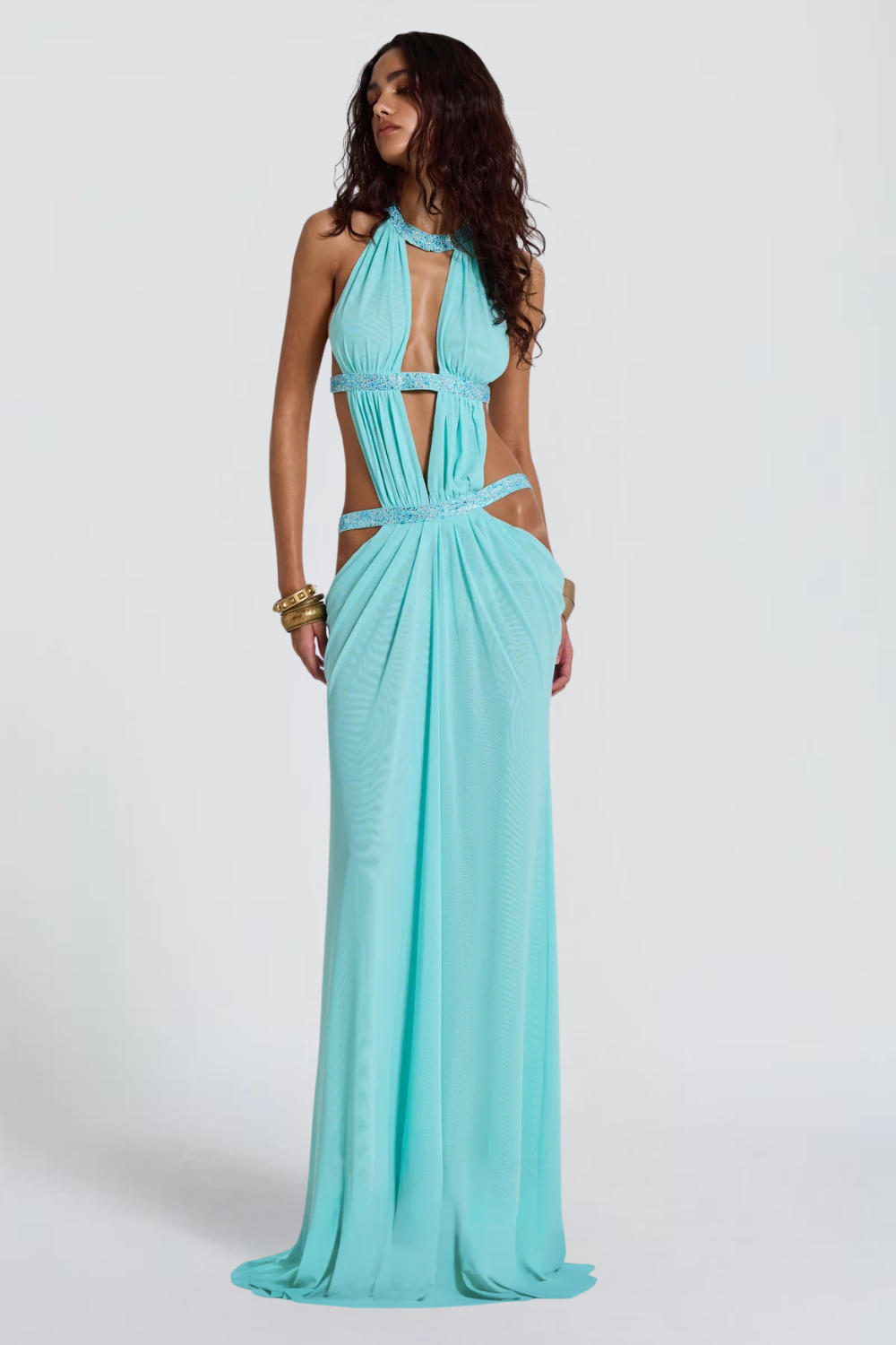 Émeline Vaillant | Halter Neck Cut Out Maxi Dress – Embellished Sparkly Draped Evening Gown