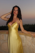 CAMILLE VAUGRENIER | Satin Slip Maxi Dress – Bias Cut V-Neck Open Back Spaghetti Strap Dress
