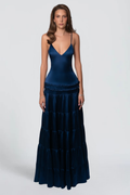 Lucie David | Satin Tiered Maxi Dress – Deep V-Neck Spaghetti Strap Ruffle Evening Gown