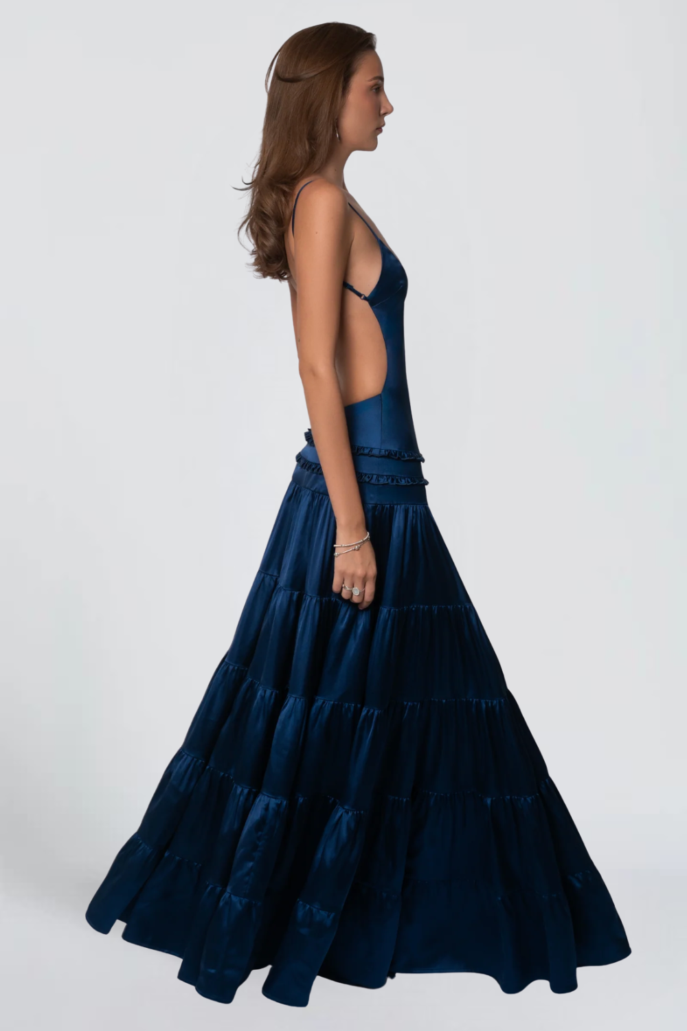 Lucie David | Satin Tiered Maxi Dress – Deep V-Neck Spaghetti Strap Ruffle Evening Gown