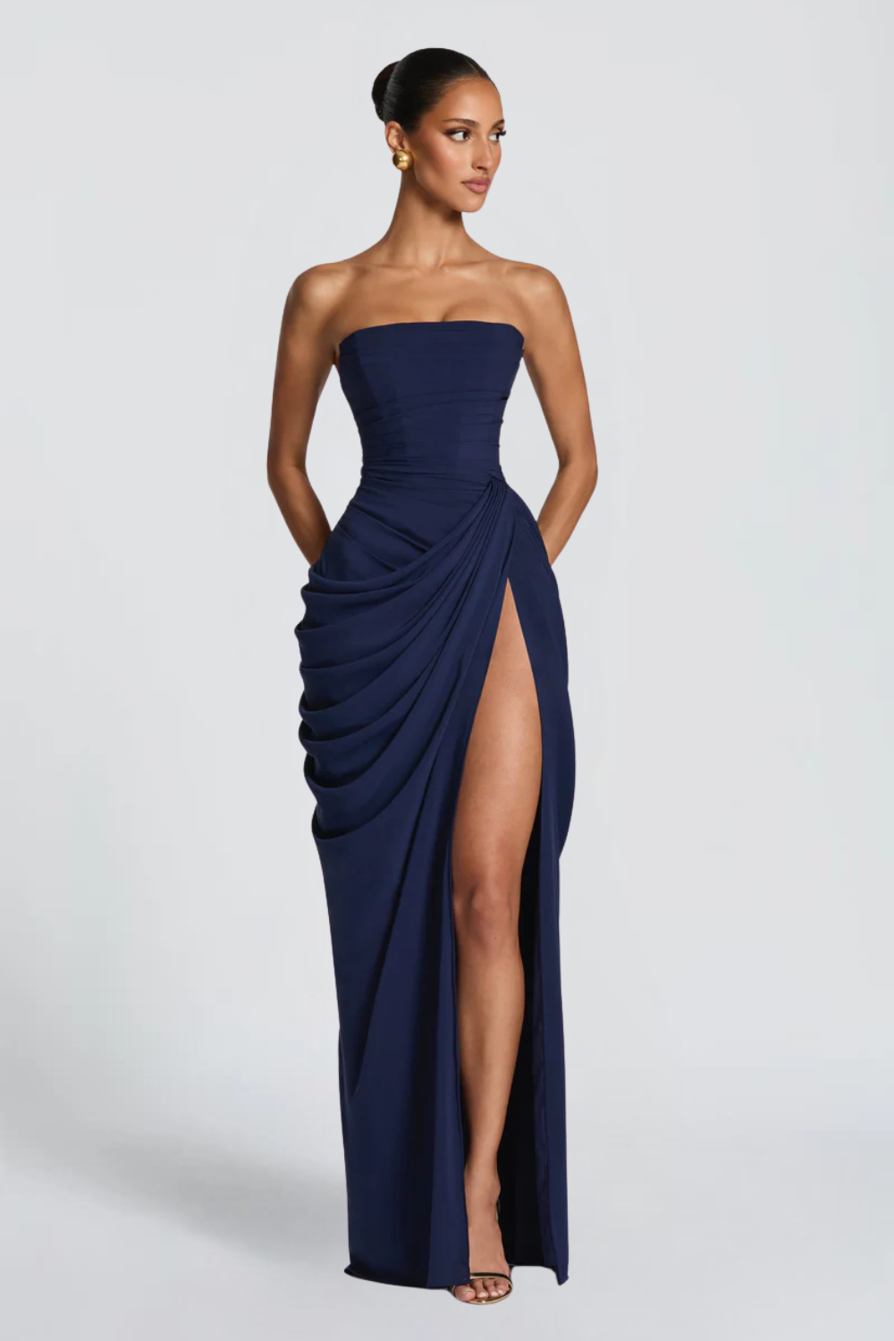Claire Michel | Strapless Ruched Maxi Dress – High Thigh Slit Draped Bodycon Evening Gown