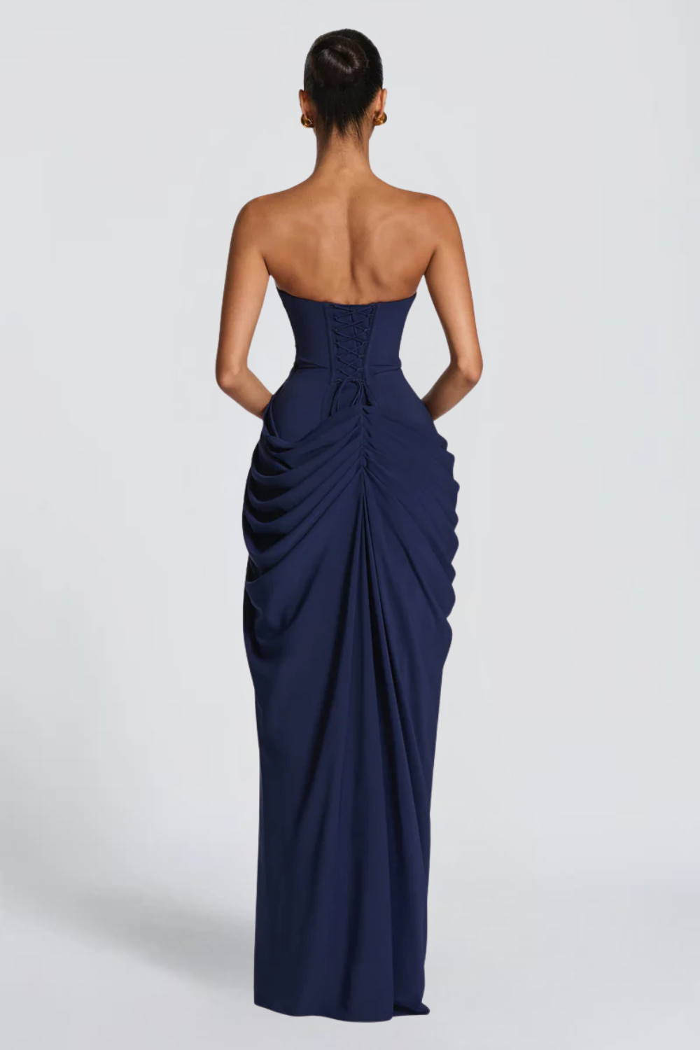 Claire Michel | Strapless Ruched Maxi Dress – High Thigh Slit Draped Bodycon Evening Gown