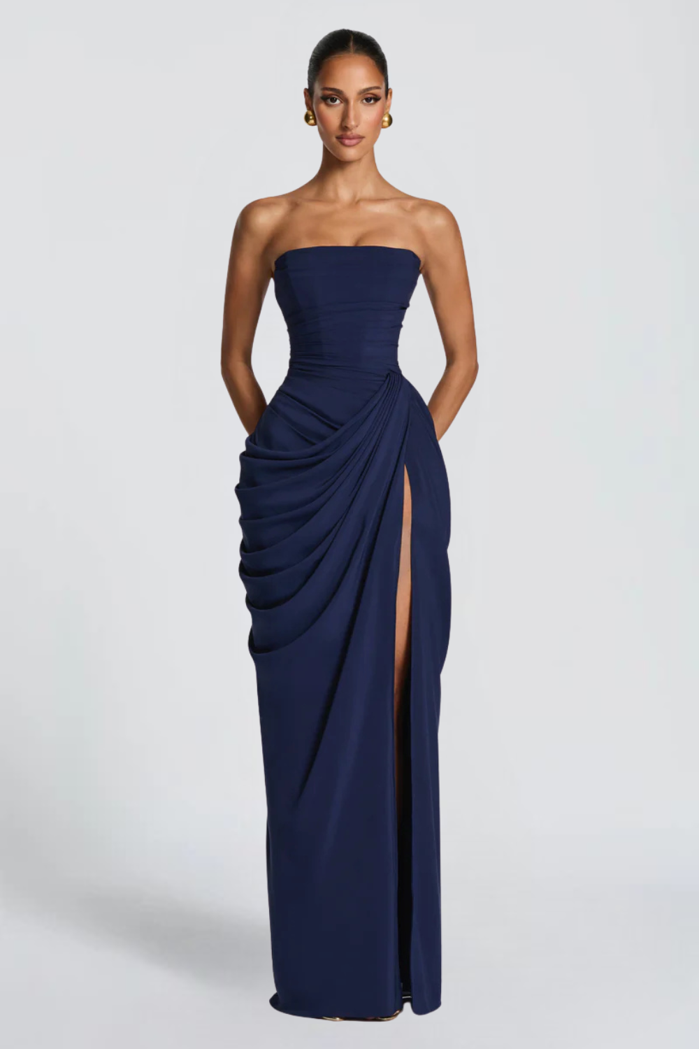 Claire Michel | Strapless Ruched Maxi Dress – High Thigh Slit Draped Bodycon Evening Gown