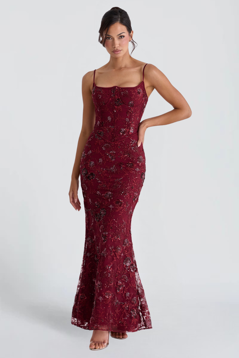 Zoé Dupont | Embroidered Sequin Corset Maxi Dress – Floral Spaghetti Strap Fitted Evening Gown