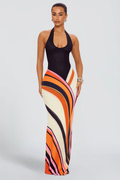 Camille Laurent | Halter Neck Print Maxi Dress – Plunge Open Back Abstract Bodycon Jersey Dress