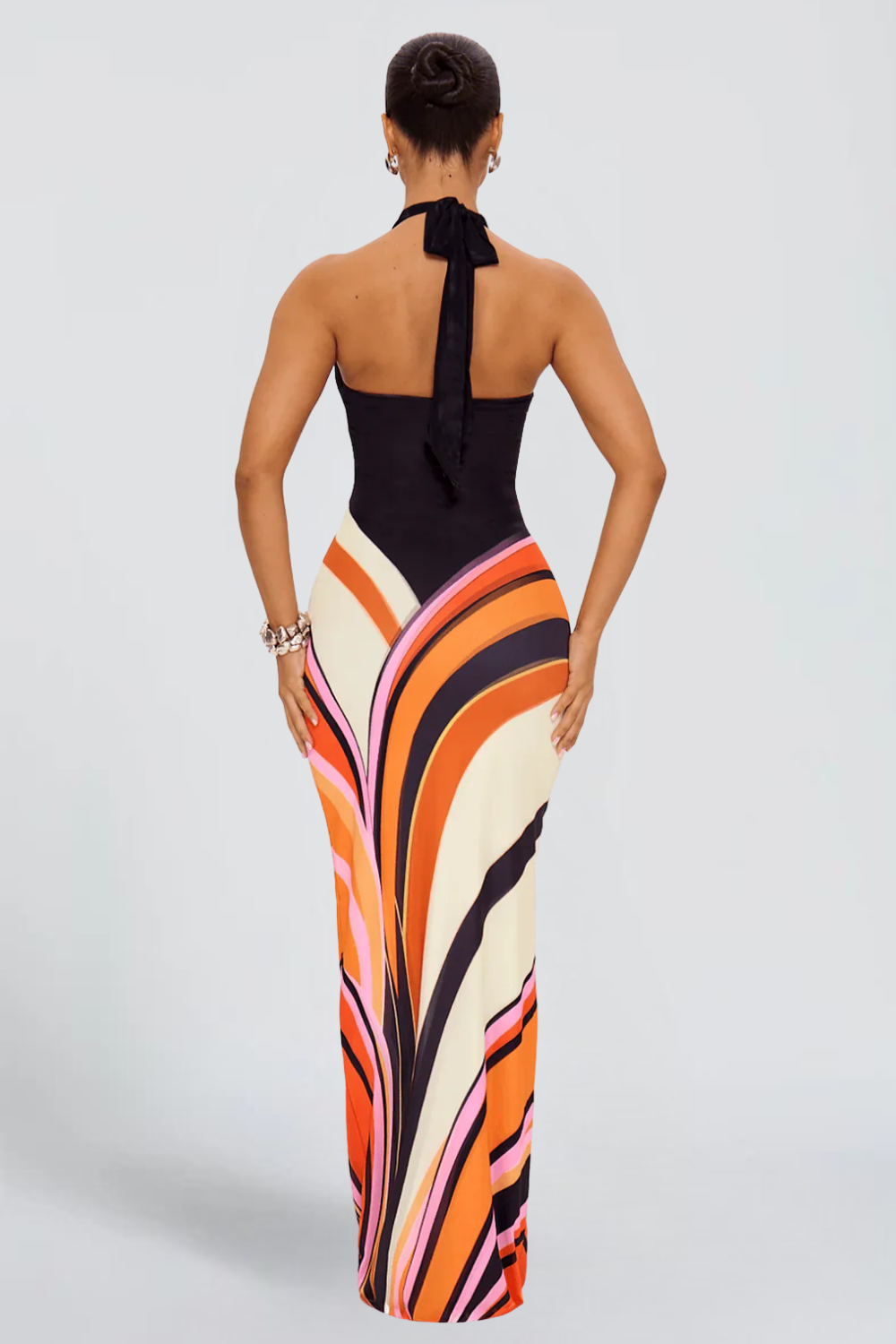 Camille Laurent | Halter Neck Print Maxi Dress – Plunge Open Back Abstract Bodycon Jersey Dress